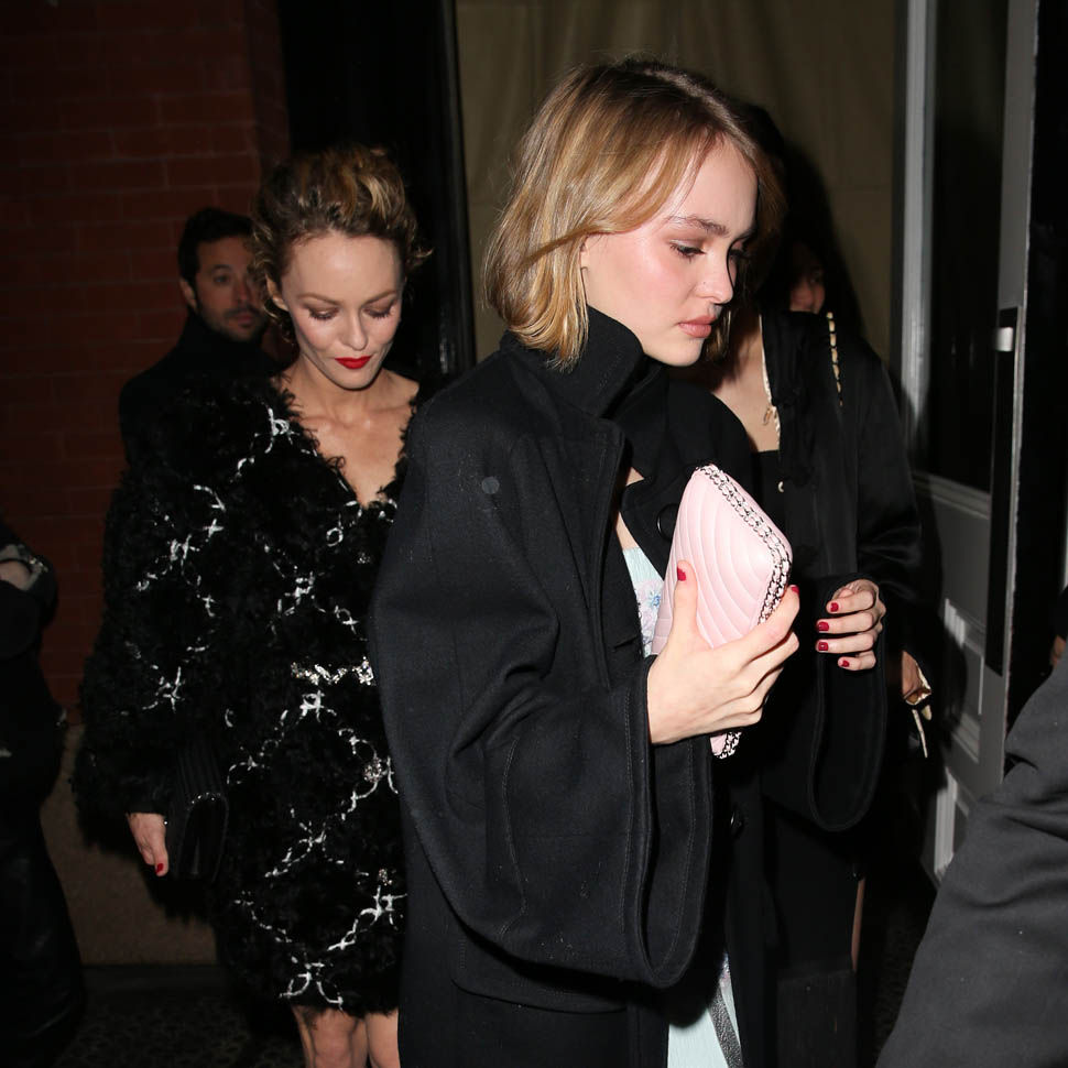 French actress Vanessa Paradis, her daughter Lily-Rose and boyfriend singer Benjamin Biolay leave their hotel on March 31, 2015 in New York City