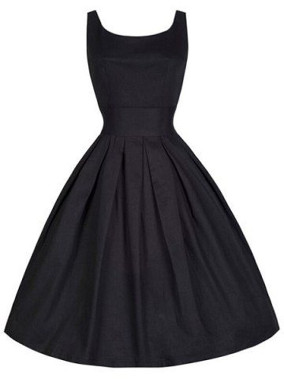 black-plain-pleated-sleeveless-scoop-neck-vintage-dress