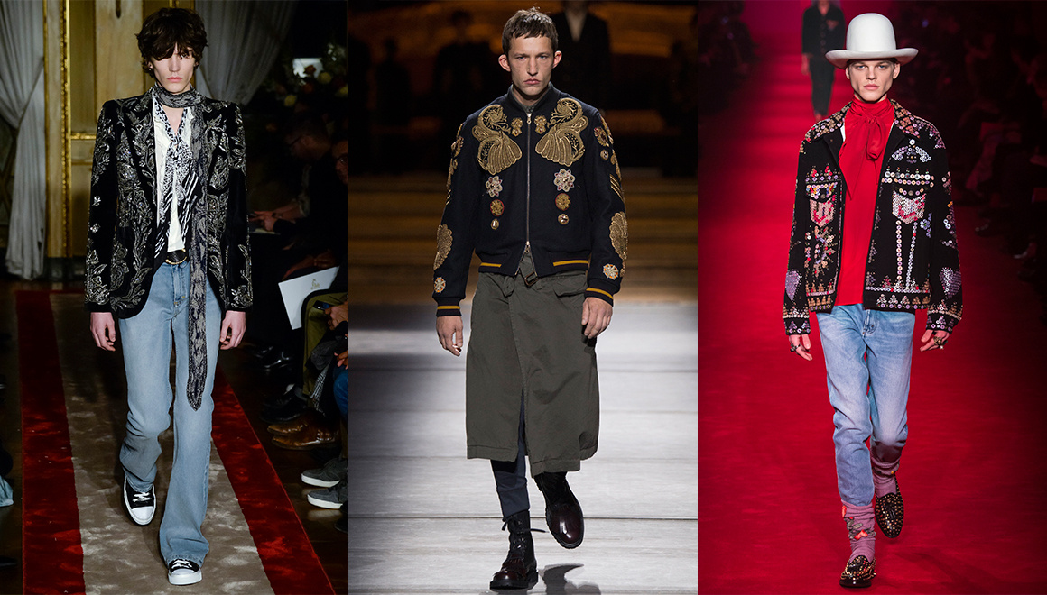 Embroidered jackets From left to right- Roberto Cavalli, Dries Van Noten, Gucci